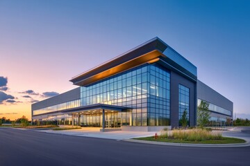 A high-tech pharmaceutical manufacturing building stands elegantly at twilight, featuring large glass windows and a spacious entrance amidst a colorful sunset backdrop