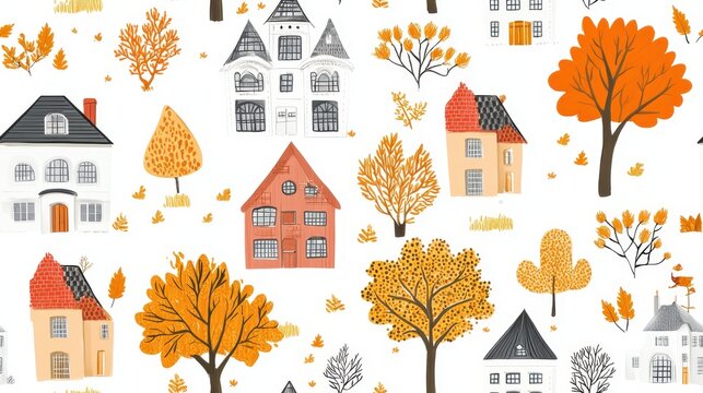 Seamless pattern of autumnal village scene with houses surrounded by vibrant fall foliage. Perfect for seasonal designs or cozy home decor.