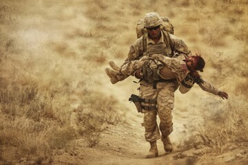 A soldier carrying a wounded civilian to safety, AI generated