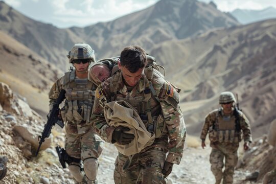 In a field, two soldiers support a wounded comrade, demonstrating courage and camaraderie amidst the challenges of war, A soldier carrying a wounded civilian to safety, AI generated