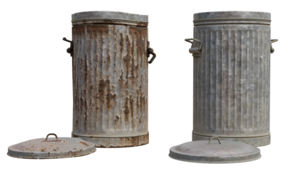 set of metal trash can isolated cut out background