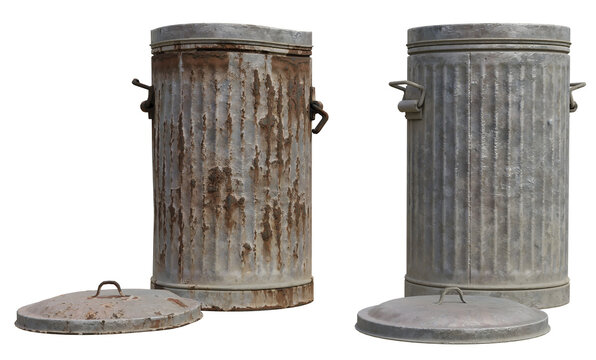 set of metal trash can isolated cut out background