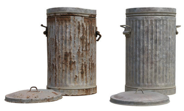 set of metal trash can isolated cut out background
