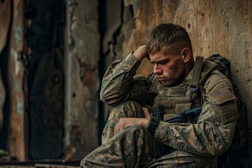 Fototapeta premium A soldier sitting alone, looking exhausted and contemplative, AI generated