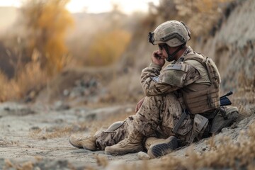 Fototapeta premium A soldier rests on the sandy ground of a desert, surrounded by vast stretches of arid landscape under a clear sky, A soldier sitting alone, looking exhausted and contemplative, AI generated