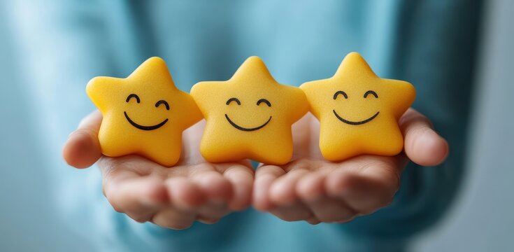 A person holding three yellow stars with smiley faces in their hands, symbolizing positive customer review caste SESO ia Dsparse star icons. 