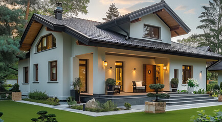 Obraz premium A modern bungalow house with traditional elements, front view, green lawn in the yard, white walls and dark roof tiles, a wooden door and windows with brown frames. Generative AI.
