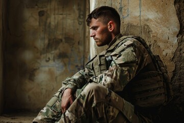Inside a deserted building, a soldier sits quietly, contemplating the emptiness of his surroundings, A soldier sitting alone, looking exhausted and contemplative, AI generated