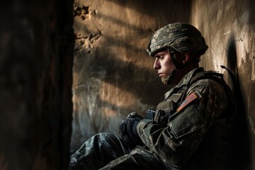 Obraz premium Inside a deserted building, a soldier sits quietly, contemplating the emptiness of his surroundings, A soldier sitting alone, looking exhausted and contemplative, AI generated