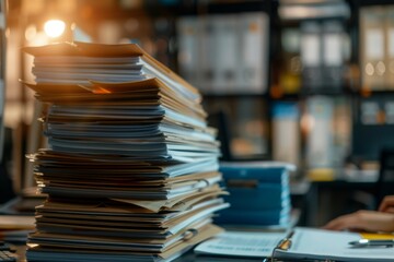 An office desk displaying an assortment of papers, pens, and essential supplies for a productive workspace, A stack of papers and folders on a desk in a busy workspace. AI generated