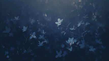 Fototapeta premium a delicate pattern of flowers and leaves floating in a deep navy blue atmosphere, creating a serene and dreamlike floral composition