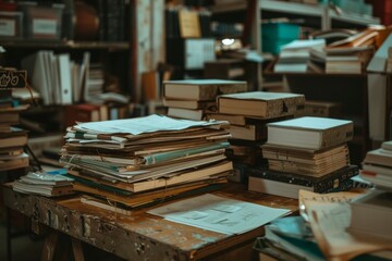 A clutter-free desk showcasing papers, pens, and office supplies, ideal for maintaining an organized work environment, A stack of papers and folders on a desk in a busy workspace. AI generated