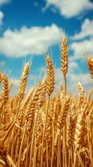 A golden wheat field under a blue sky with white clouds, creating an atmosphere of harvest and life.