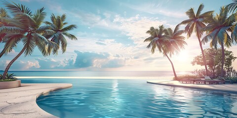 there is a pool with a view of the ocean and palm trees