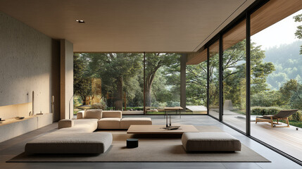 Fototapeta premium Modern villa with a spacious living room featuring large windows for natural light. --ar 16:9 --v 6.1 Job ID: 21e3428a-03cb-46b1-a663-7ecc95e32196