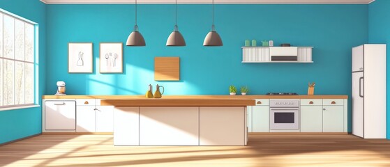 Modern Kitchen Interior with Turquoise Walls and White Cabinets