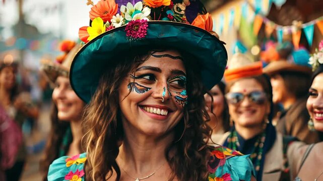 A colorful festival filled with laughter, lively costumes, and joyful faces, showcasing a celebration of art and community spirit in full bloom