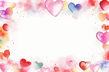 Colorful watercolor hearts frame a blank white center with soft watercolor splashes. Concept of love, Valentine's Day, romantic design.
