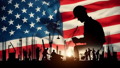 construction worker and american flag, labor day background