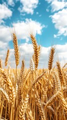 Fototapeta premium A golden wheat field under a blue sky with white clouds, creating an atmosphere of harvest and life.