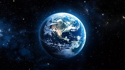 Obraz premium A vibrant blue planet Earth against a backdrop of a dark starry sky.