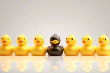 Black rubber duck in a row of yellow rubber ducks