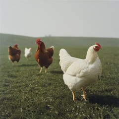 Fototapeta premium Free-range hens in a lush green pasture, natural light, realistic, warm and earthy tones, high detail.