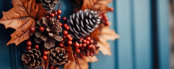 Decorative autumn wreath featuring pine cones, berries, and leaves, enhancing a home's seasonal charm against a blue door.