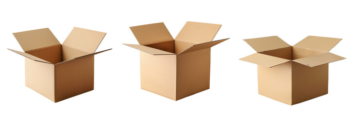 Collage of open cardboard box on a wooden floor, isolated on a transparent background
