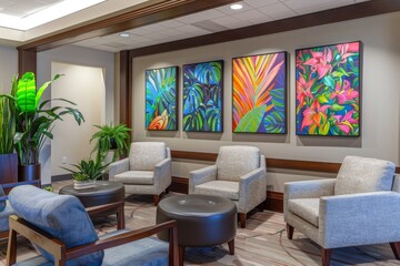 Fototapeta premium A stylish lobby in an apartment building, characterized by bold orange walls that provide a bright and energetic ambiance, A stylish office lobby with comfortable seating and artwork. AI generated