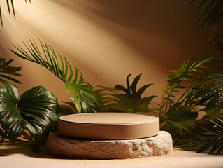 Obraz premium Awesome Podium template with foliage drop shadow for product Beauty mockup with empty tray presentation