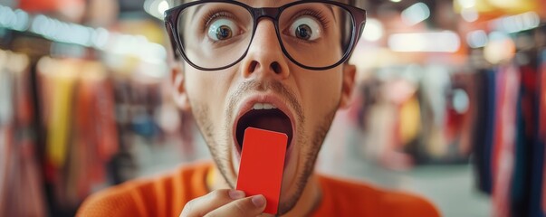A surprised man with glasses holds a red card in his mouth, expressing shock in a vibrant clothing store.
