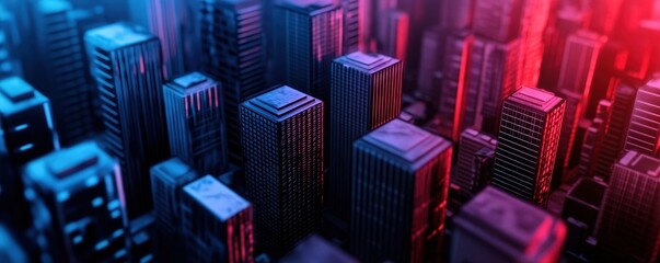 Obraz premium A vibrant cityscape showcasing modern architecture illuminated by blue and red lights, creating a dynamic urban atmosphere.
