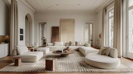A spacious living room featuring dark wooden floors, a patterned area rug, and a stylish leather couch with a coffee table  with decorative items.