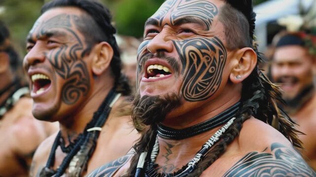 Maori in national tattoos during a ritual dance.