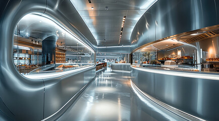 Modern Restaurant, Curved Design, Futuristic, Silver Metal, Transparent Showcase, Product Processing Area, Finished Product Display, High-Tech Feeling, Cool Tones. Generative AI.