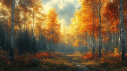 Fototapeta premium Peaceful Forest Scene with Trees Displaying a Vibrant Mix of Green, Yellow, Orange, and Red Foliage as Soft Light Filters Through the Canopy