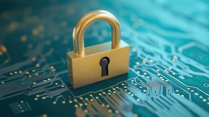 Circuit board with a padlock, secure data transfer, illustration