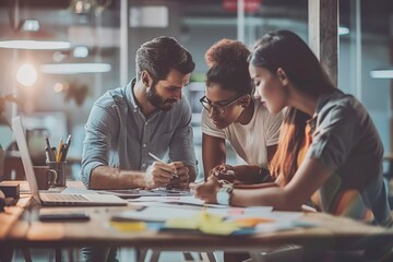 Fototapeta premium Visual representation of five crucial tips designed to optimize the experience of virtual meetings for participants, A team of professionals collaborating on a project in an office. AI generated
