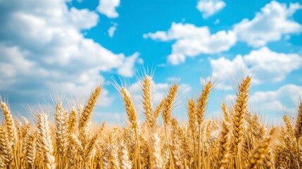 Fototapeta premium A golden wheat field under a blue sky with white clouds, creating an atmosphere of harvest and life.