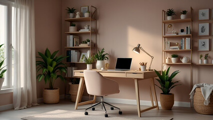 Pastel-colored office interior with light beige chair, desk, lamp, plants, open laptop, and design objects, modern and comfortable teleworking setup.