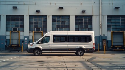 A staff shuttle (minibus) collecting shift workers from a warehouse. Generative AI.