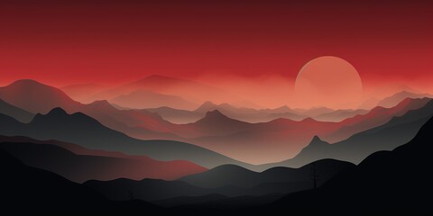 Fototapeta premium Red sunset over a silhouetted mountain range.