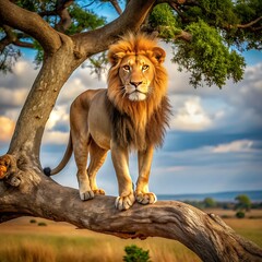 Capture the majestic grace of a lion in a realistic oil painting at eye-level angle, generate ai