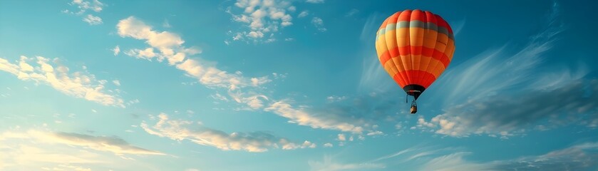 Fototapeta premium Colorful Hot Air Balloon Soaring into the Scenic Sky at Sunrise or Sunset Symbolizing Adventure and New Opportunities