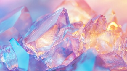 Close-up image of colorful, translucent crystals with a soft, pastel background. Concept of glass elements, glassmorphing.The vibrant hues create a dreamy and ethereal feel