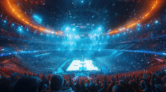 Lively sports arena with enthusiastic fans and intense action. Featuring a dynamic and exciting sports event. Highlighting energy and athleticism. Generative AI.