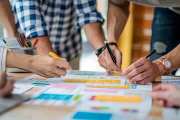 Fototapeta premium Infographic displaying five key strategies to enhance the effectiveness of virtual meetings for better collaboration, A team of professionals collaborating on a project in an office. AI generated