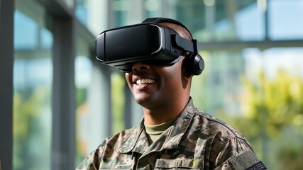 A soldier experiences immersive virtual reality training, showcasing advanced technology in a bright and innovative training center