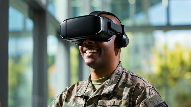 A soldier experiences immersive virtual reality training, showcasing advanced technology in a bright and innovative training center
